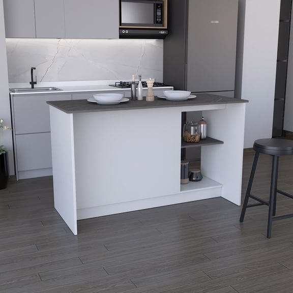 Kitchen Island With Ample Workspace Countertop In White, Double Door Cabinet & Open Shelves. Offers Sufficient Work Area. Stores Pots, Pans, Dishes. 59" X 25.36" 34.79". Engineered Wood, Solid Wood