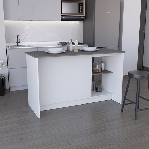 Kitchen Island With Ample Workspace Countertop In White, Double Door Cabinet & Open Storage. Offers Sufficient Workspace. Stores Pots, Pans, Dishes. 25.49" D X 59" W 36.29" H. Engineered Wood, Solid