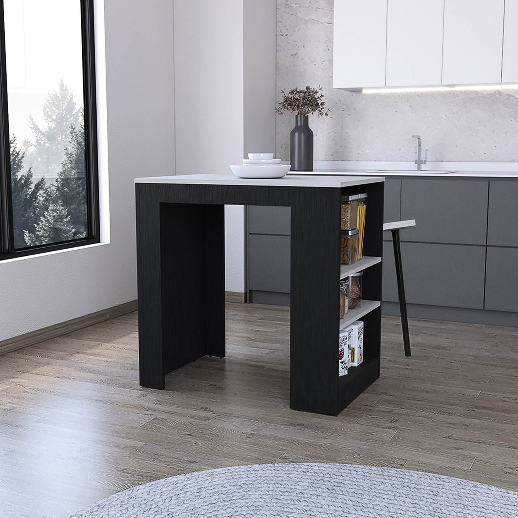 Kitchen Island , Black Hue, Spacious Surface For Cooking And Working, Side Shelves Included Island, Finish, Generous Work Area Three Storage Efficiency