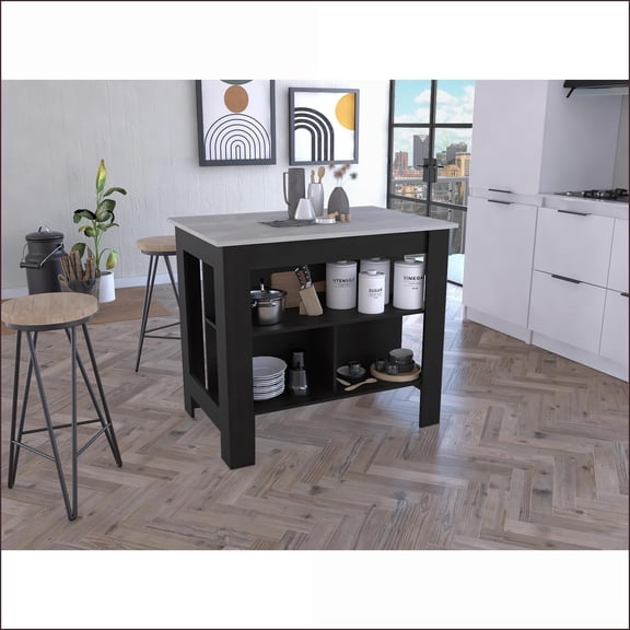 Kitchen Island, Cala 3-Shelf 4-Leg Black/Ibiza Marble | Multicolor | Particle Board