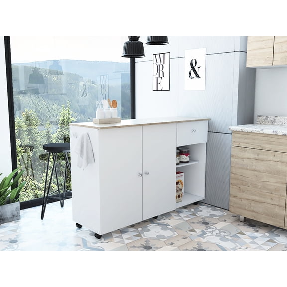 Kitchen Island Cart - 18.49 In. Width, Four Interior Shelves, One Drawer, Double Door Cabinet In White/ Oak, Contemporary Look 35.74 Height, Modern Chic