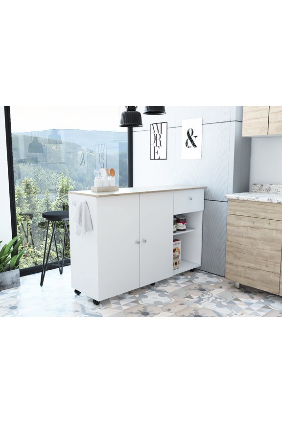 Kitchen Island Cart - 18.49 In. Width, Four Interior Shelves, One Drawer, Double Door Cabinet In White/ Oak, Contemporary Look 35.74 Height, Modern Chic