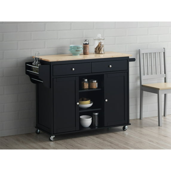 Black Kitchen Island Cart, Kitchen Island on Wheels, Kitchen Cart with Storage Drawers, Towel Rack and Open Compartments, Stable and Durable, Space Saving Design, Easy Assembly
