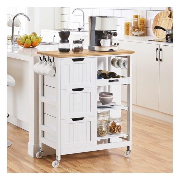 Kitchen Island Cart - 3 Drawers, 3 Shelves, Rolling White