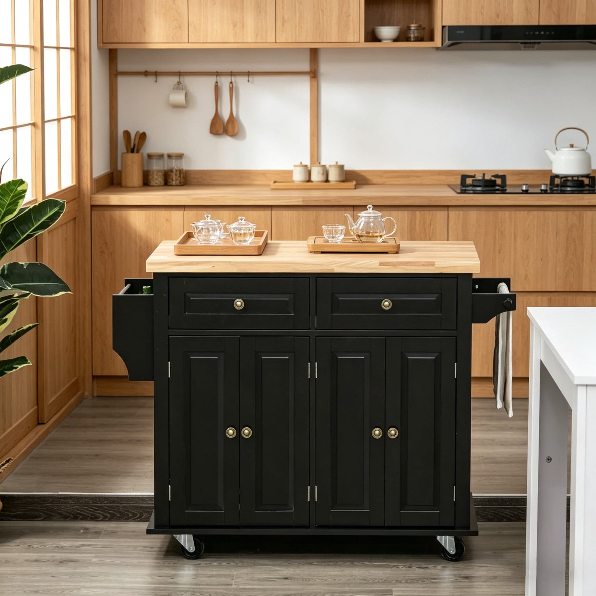 Kitchen Island Cart, 43.75" W Rolling Kitchen Storage Cabinet with 2 Drawers, Adjustable Shelf Cabinets, Towel Bar & Spice Rack, Rubberwood Tabletop, Mobile Casters