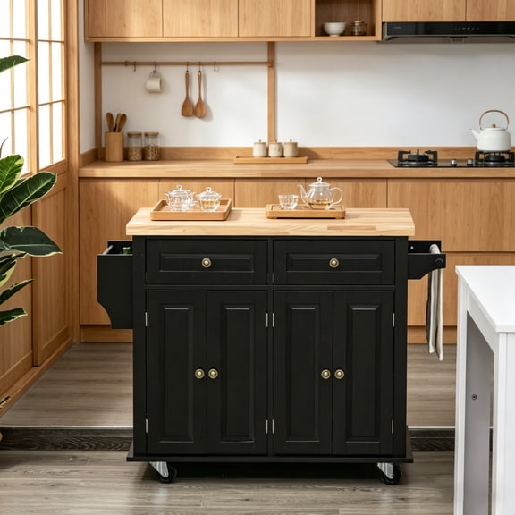 Kitchen Island Cart, 43.75" W Rolling Kitchen Storage Cabinet with 2 Drawers, Adjustable Shelf Cabinets, Towel Bar & Spice Rack, Rubberwood Tabletop, Mobile Casters