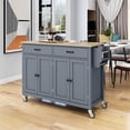 thumbnail image 1 of Kitchen Island Cart, 54.3''W Dining Cart with Solid Wood Top & Locking Wheels, Rolling Mobile Kitchen Island Table with Two Drawers, 4 Door Cabinet with Spice Rack & Towel Rack, Grey Blue, 1 of 7