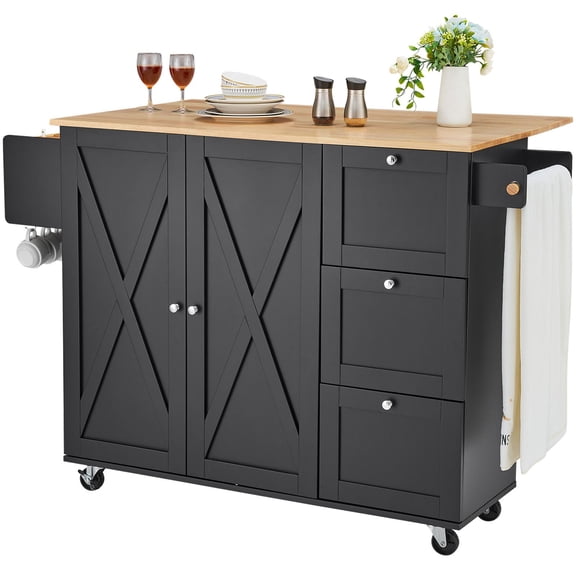 Kitchen Island Cart, 56" Wood Top Mobile Carts with Storage Cabinet, Rolling Table with Drop Leaf, Spice Rack, Towel Bar, Adjustable Shelf, Drawer, and Hooks, Portable Islands on Wheels, Black