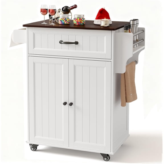 Kitchen Island Cart with Adjustable Shelf, 33" W White Mobile Trolley Cart on Metal Wheels with Drawer & Storage Cabinet, Spice Rack & Towel Rack, for Dining Room, Bar, Retro Wooden Countertop