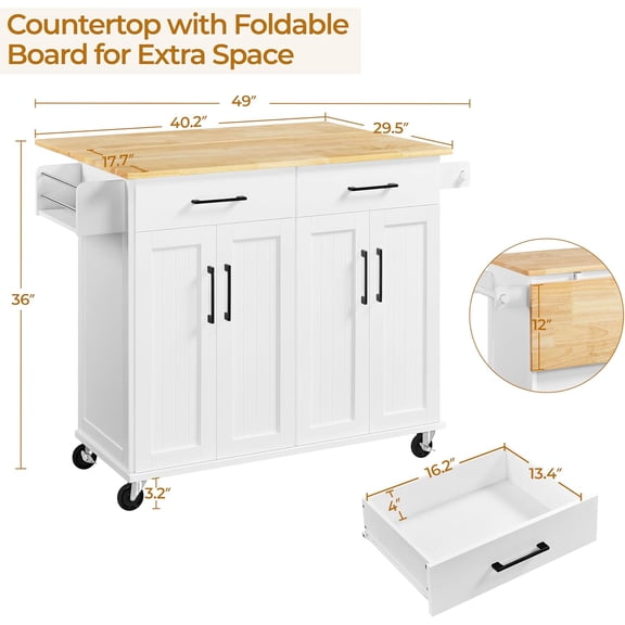 Kitchen Island Cart with Drop Leaf, 49" Rolling Island Table with Storage, Drawer, Kitchen Cart with Rubberwood Top, Detachable Towel & Spice Rack, White