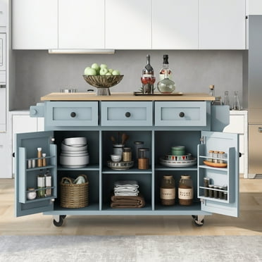 Kitchen Island Cart with Drop-Leaf Countertop, Rolling Storage Cart with 3 Storage Drawers & Adjustable Shelves, Modern Buffet Cabinet with Spice Rack and Towel Rack for Dinning Room, Blue