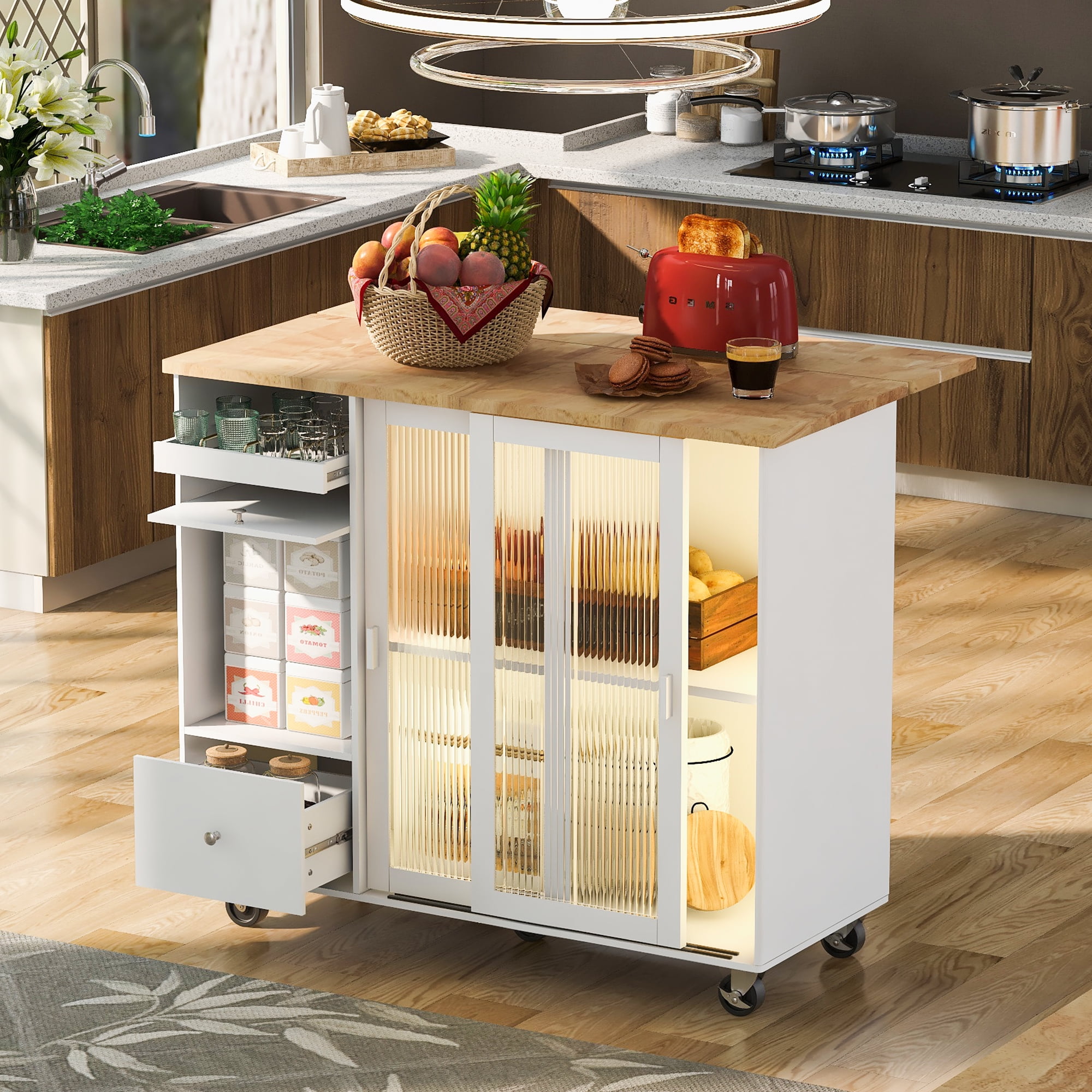 Kitchen Island Cart with Drop Leaf, LED Light, and Ample Storage