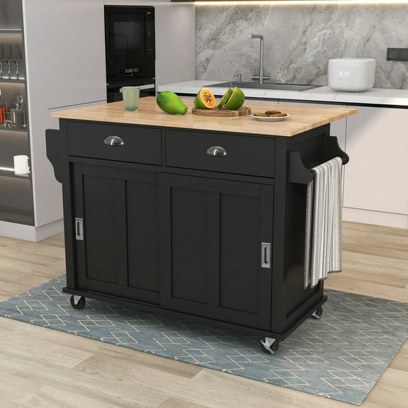 Kitchen Island Cart with Drop Leaf Rubber Wood, Rolling Kitchen Island with Storage & Sliding Barn Door, Kitchen Island on Wheels with 2 Drawers, Storage Cabinet, Spice Rack, Towel Rack (Black)