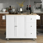 Kitchen Island Cart with Drop-Leaf Tabletop and Locking Wheels, 52.7" Large Kitchen Trolley Cart with 2 Door Cabinet and 3 Storage Drawers, Spice Rack Towel Rack, Rolling Kitchen Island Cart, White