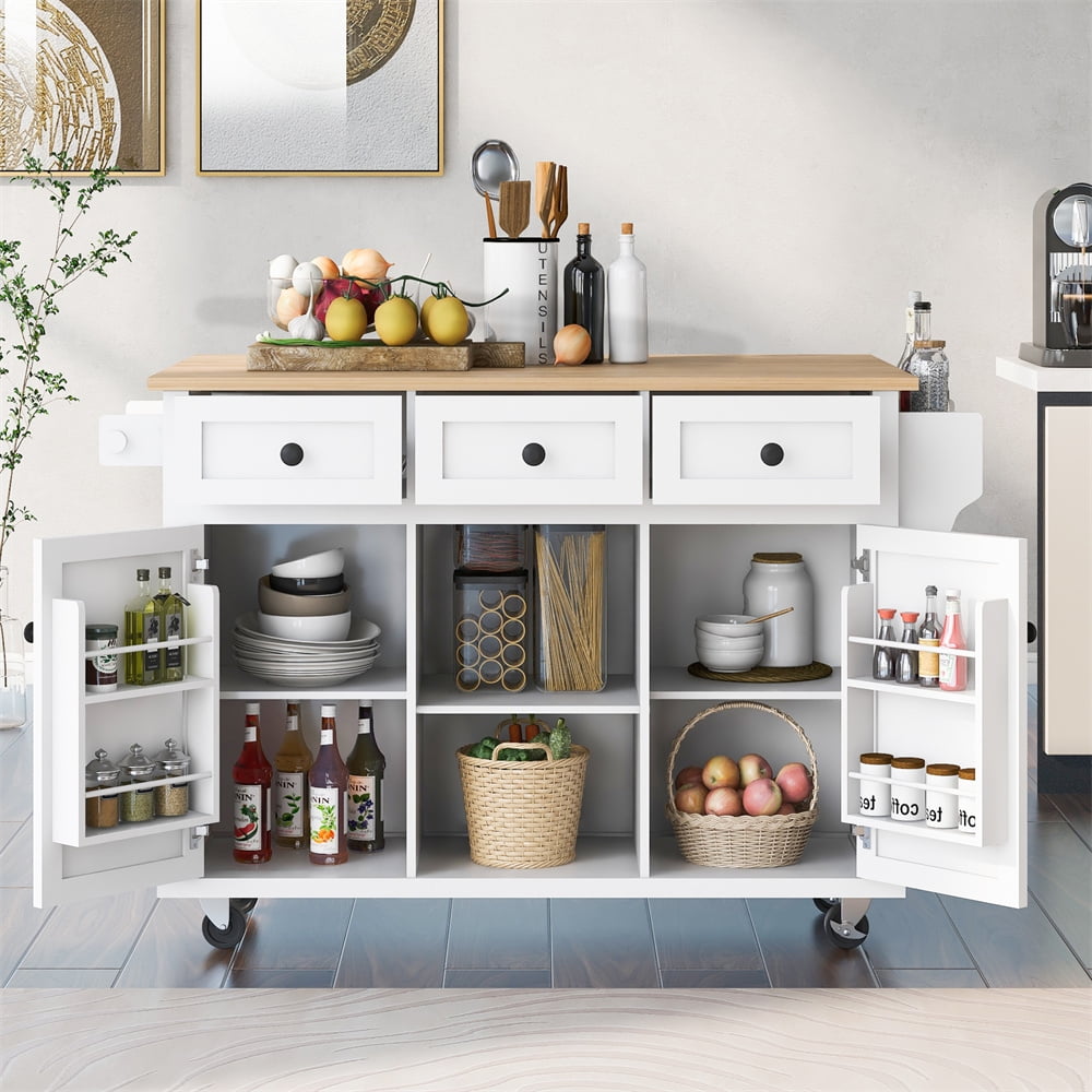 Kitchen Island Cart with Drop-leaf Tabletop and Locking Wheels, 53.1" Kitchen Trolley Cart with 2 Doors & 3 Drawers & Adjustable Shelves, Rolling Kitchen Island with Spice Rack and Towel Rack, White