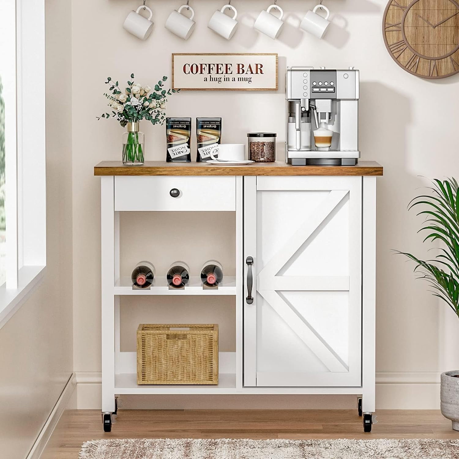 Kitchen Island Cart, Farmhouse Kitchen Island with Storage Drawer Wine Rack, Kitchen Cart Microwave Stand with Adjustable Shelf Island Table for Kitchen, Living Dining Room, White