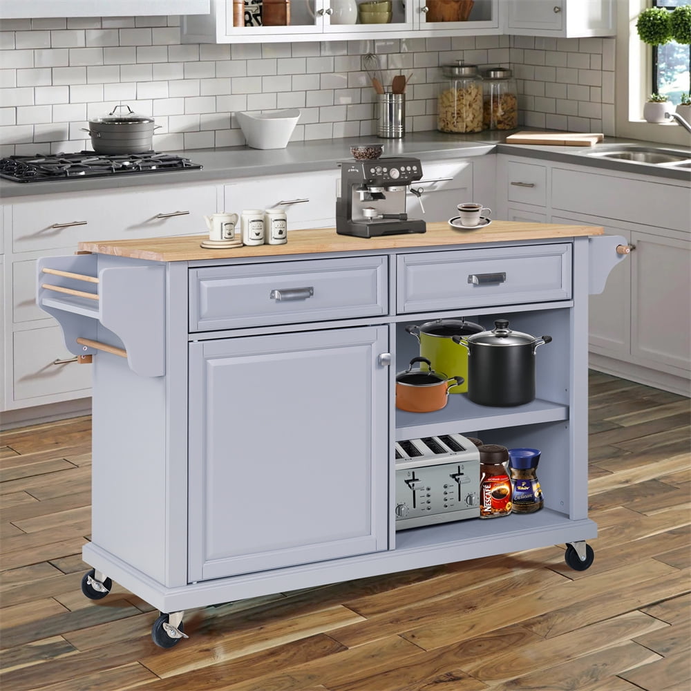 Kitchen Island on Lockable Wheels with 2 Storage Drawers & Bamboo Countertop, Kitchen Trolley Cart with Adjustable Shelves and Towel Bar, L42.5Xw18xh3