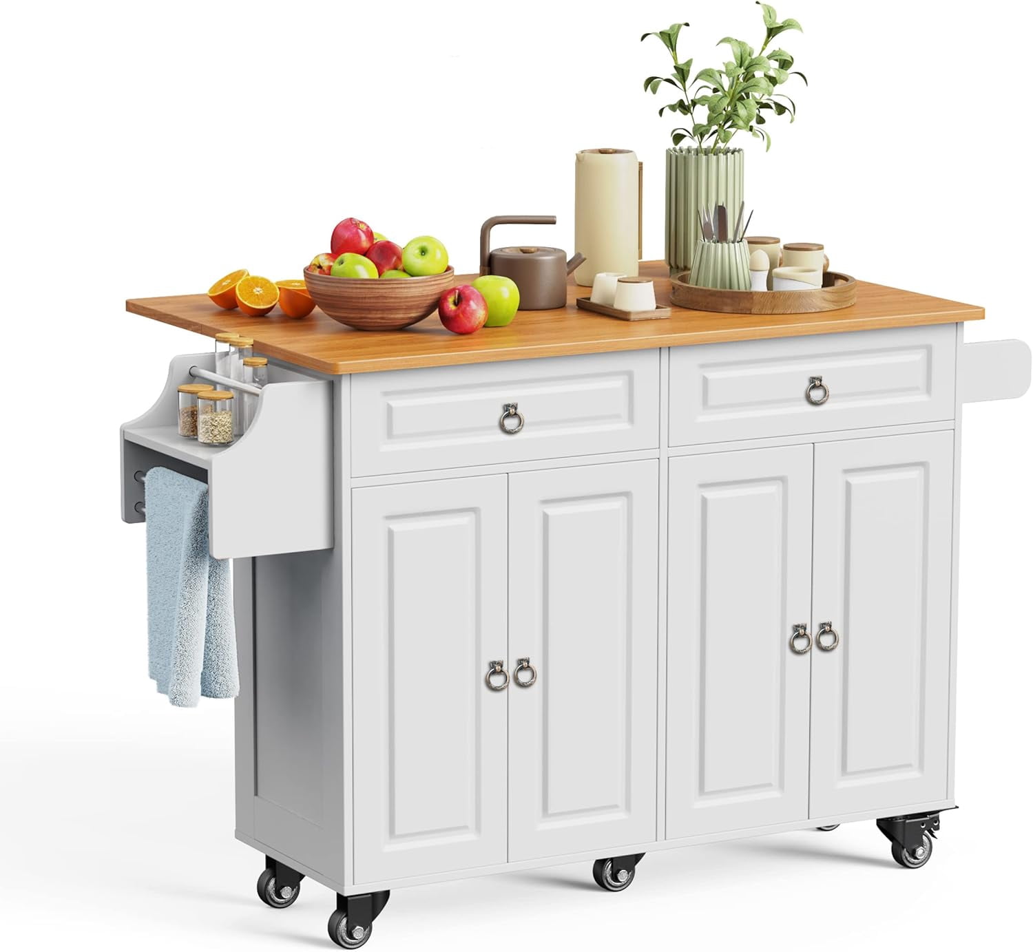Kitchen Island Cart with Folding Drop Leaf 52" Width Mobile Carts with Storage Cabinet Rolling ...