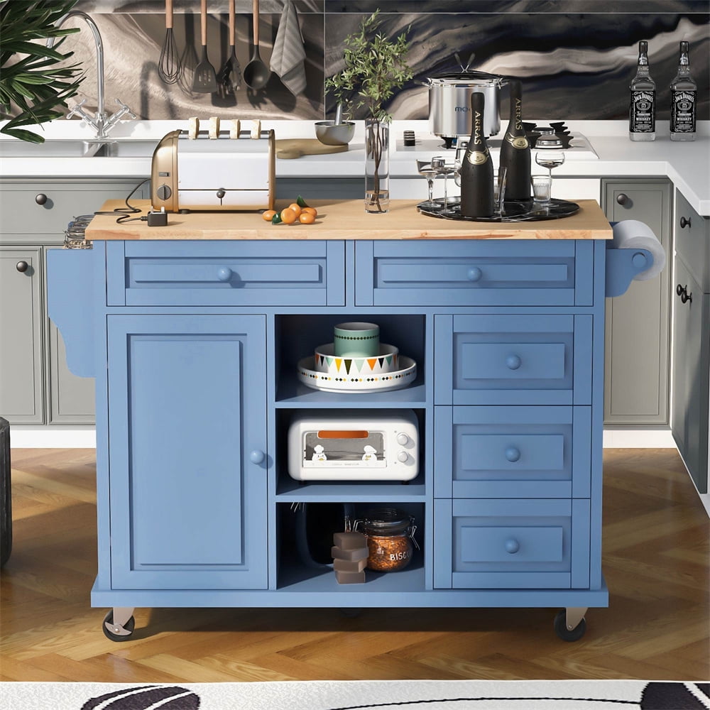 ARCTICSCORPION Rolling Kitchen Islands with 5 Drawers, Rubber Wood Blue ...
