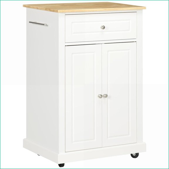 Kitchen Island Cart, Rolling Portable Serving Trolley with Drawer, Adjustable Shelf & Towel Racks | Cream White | MDF
