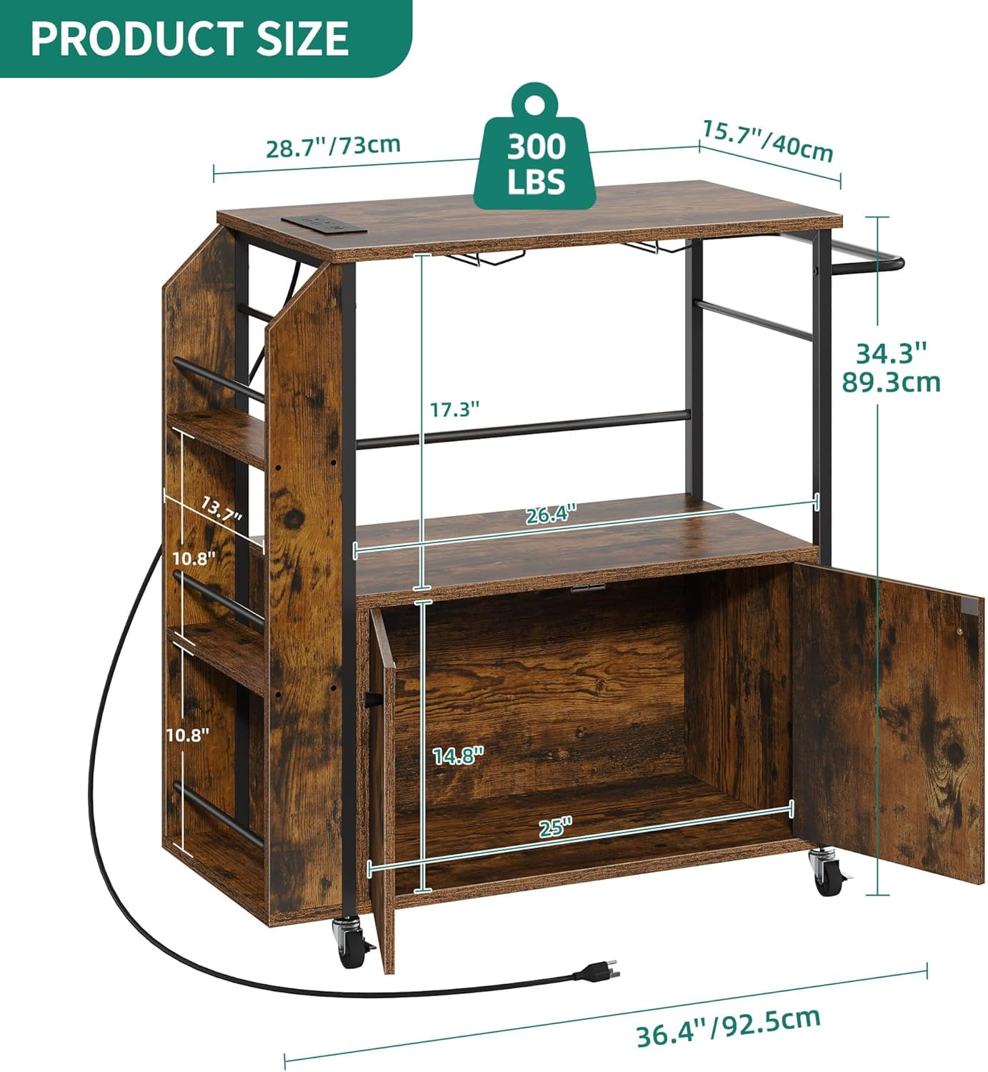 Kitchen Island Cart with Power Outlet, 36 Inch Mobile Kitchen Cart with Open Shelves, Rolling Portable Serving Utility Carts on Wheels with Storage for Kitchen, Dining Room, Brown