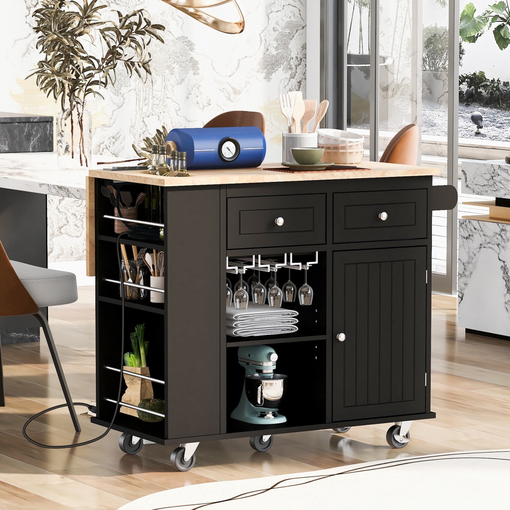 Kitchen Island Cart with Power Outlet, Kitchen Storage Island with Drop Leaf and Rubber Wood, Open Storage and Wine Rack, Rolling Kitchen Table with 5 Wheels for Home, Kitchen, Dining Room, Black