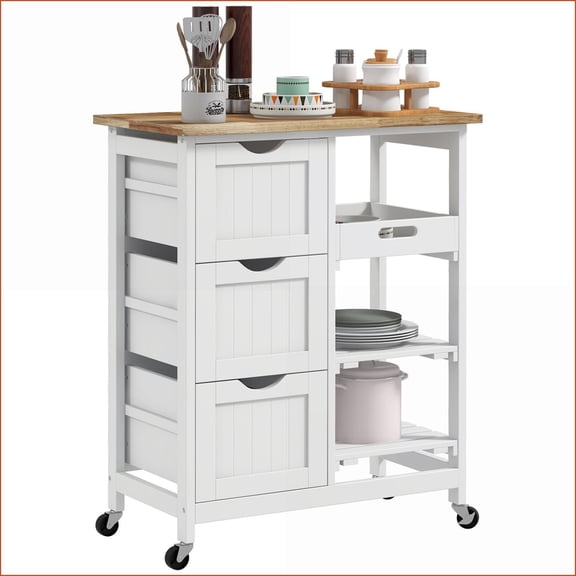 Kitchen Island Cart, Rolling Bar Serving Cart with Drawers & Chopping Board, Snow White | MDF