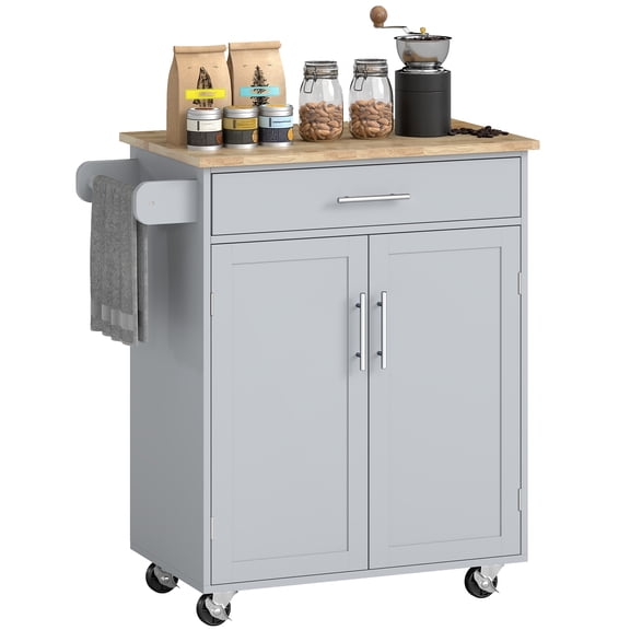 Kitchen Island Cart, Rolling Island Table with Solid Wood Top, Trolley Cart with Drawer, Storage Cabinet & Towel Rack, Gray