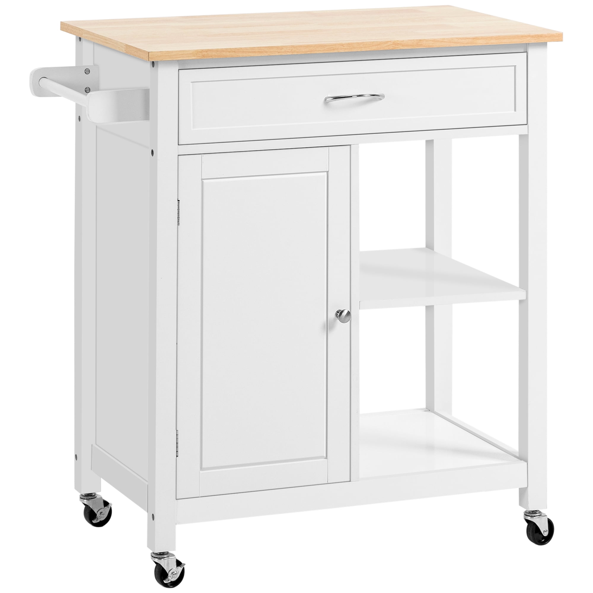 White Rolling Kitchen Island Cart with Solid Wood Top and Storage