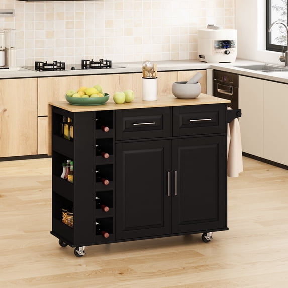 Kitchen Island Cart, Rolling Kitchen Island with Drop Leaf and 2 Door Cabinet, Two Drawers, Spice Rack, Towel Holder, Wine Rack (Black)