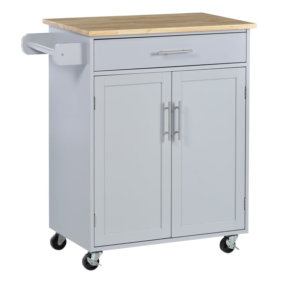 Kitchen Island Cart Rolling Trolley Cart with Drawer, Storage Cabinet & Towel Rack, Gray