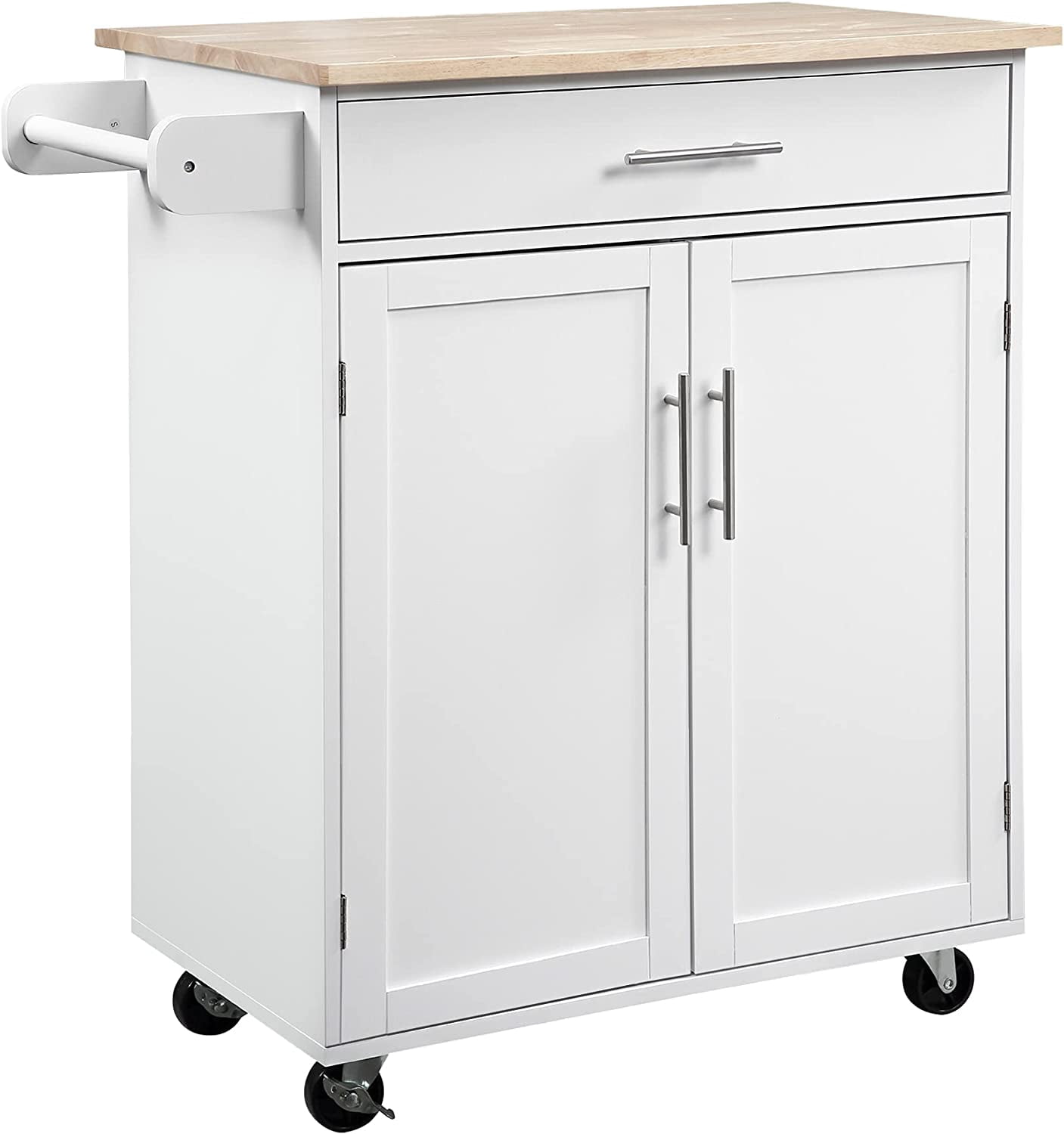 Kitchen Island Cart Rolling Trolley Cart with Drawer, Storage Cabinet & Towel Rack, White