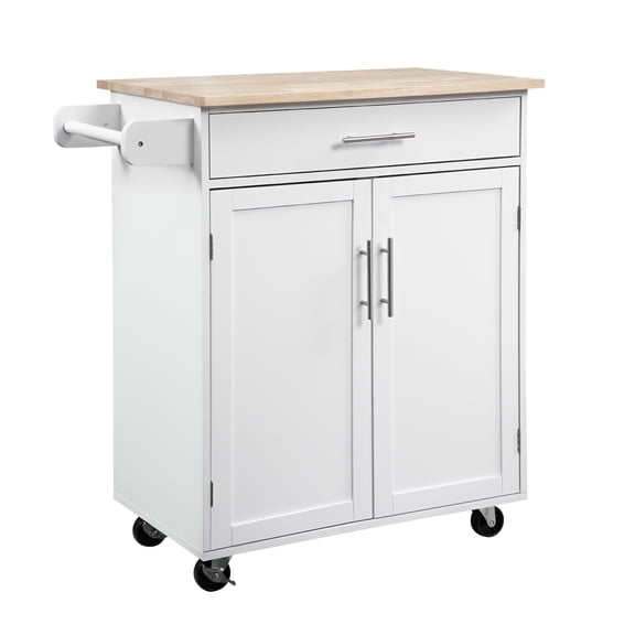 Kitchen Island Cart Rolling Trolley Cart with Drawer, Storage Cabinet & Towel Rack, White