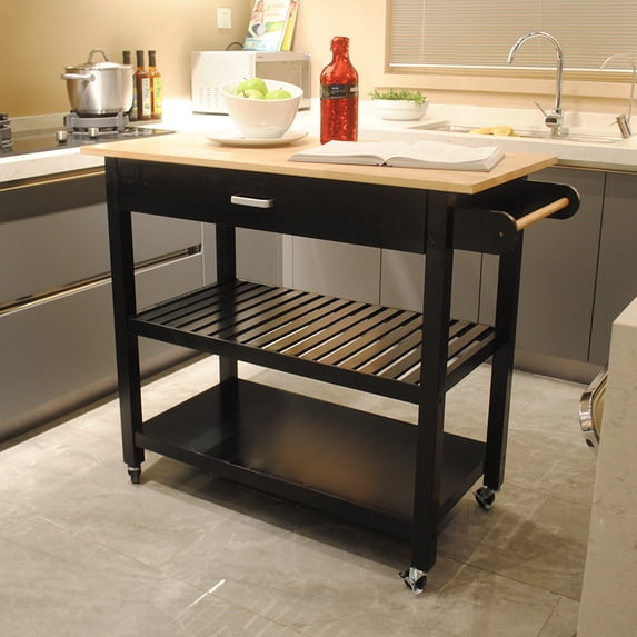 Kitchen Island Cart with Rubber Wood Counter Top, Kitchen Islan on Wheels with Drawer and 2 Open Shelves, 3 Tier Portable Rolling Kitchen Island with Two Lockable Wheels, Towel Rack, Black