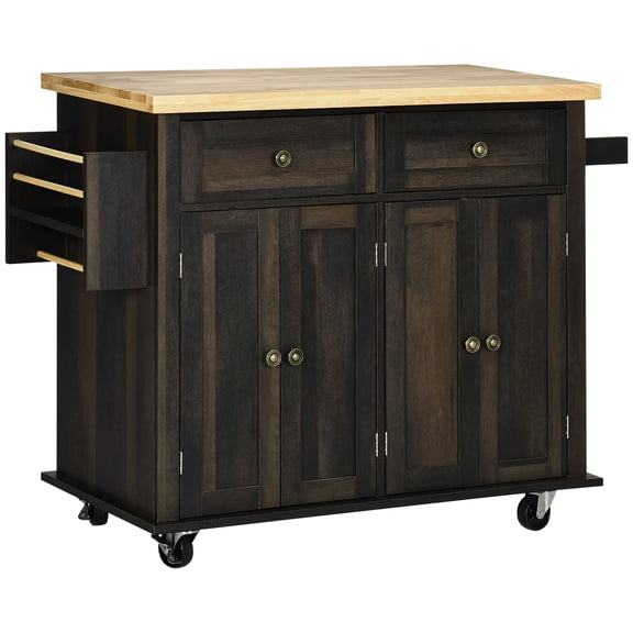 Kitchen Island Cart with Rubberwood Countertop, MDF Rolling Butcher Block with Spice Rack, 2 Drawers, 2 Cabinets, Towel Bar, 43.75" W x 17.5" D x 32.5" H, Brown Oak for Kitchen Use