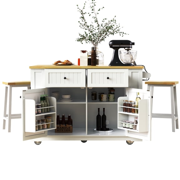 Kitchen Island Cart with Seating, Rolling Kitchen Cart on 5 Wheels with Bar Stools, Drop Leaf, Power Outlet and Open Side Racks (White With Bar Stools)