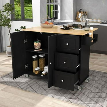 Kitchen Island Cart with Solid Wood Drop Leaf Desktop and Locking Wheels, 52.7'' Rolling Mobile Kitchen Trolley Cart with Storage Cabinet & Drawer & Spice Rack & Towel Rack, Black