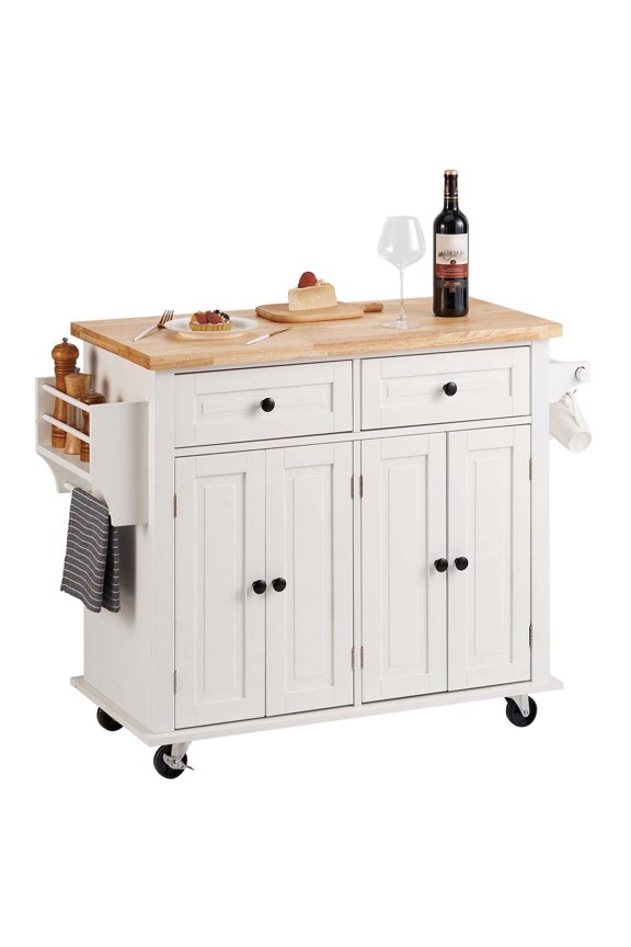 Kitchen Island Cart with Solid Wood Top, 35.4" Width, Rolling Kitchen Cart with Storage, Drawer & Spice Rack, Portable Kitchen Island on Wheels, White
