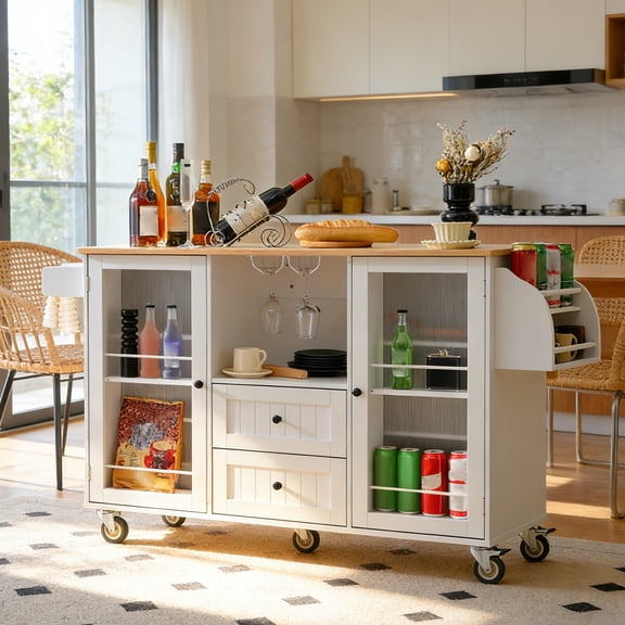 Kitchen Island Cart with Solid Wood Top, 50.4" Width Mobile Carts with Storage Cabinet, Rolling Kitchen Table with Spice Rack, Towel Rack, and Drawer, Portable Islands on Wheels, White