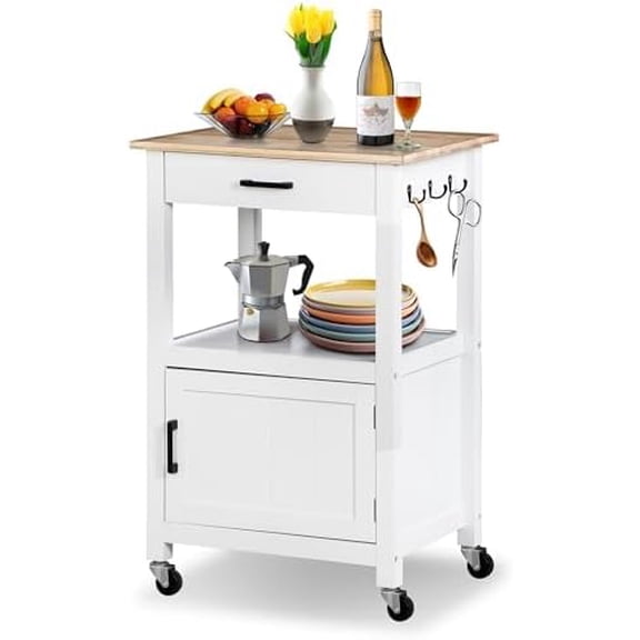 Kitchen Island Cart with Solid Wood Top, Rolling Kitchen Table on Wheels with Storage Cabinet, Drawer, 3 Side Hooks for Dining Room, RV, Travel Trailer, Baking, Coffee Bar, White