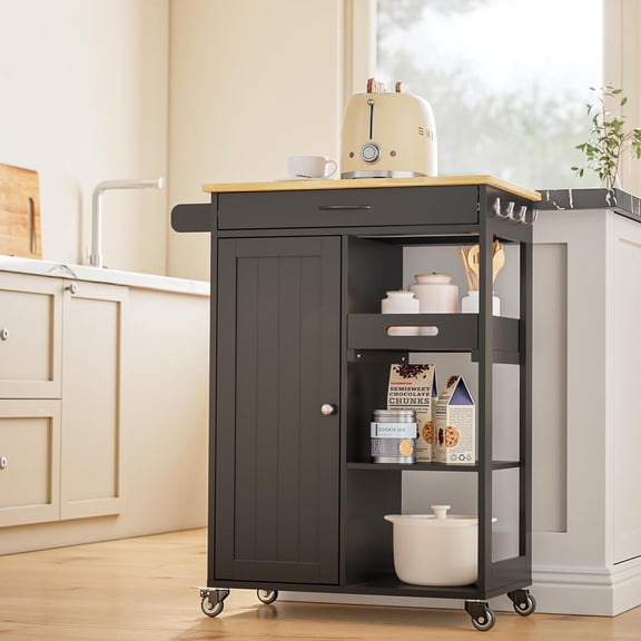 Kitchen Island Cart with Solid Wood Top, Rolling Serving Utility Trolley Cart with Drawer, Cabinet, Towel Rack, Hooks and 3 Open Storage Shelves, Mobile Storage Cart for Dining Room, Bar, Black