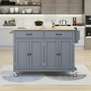 Kitchen Island Cart with Spacious Tabletop and Locking Wheels, 54.3 Large Kitchen Trolley Cart with 4 Door Cabinet and Two Storage Drawers, Spice Rack Towel Rack, Rolling Kitchen Island Cart, Blue