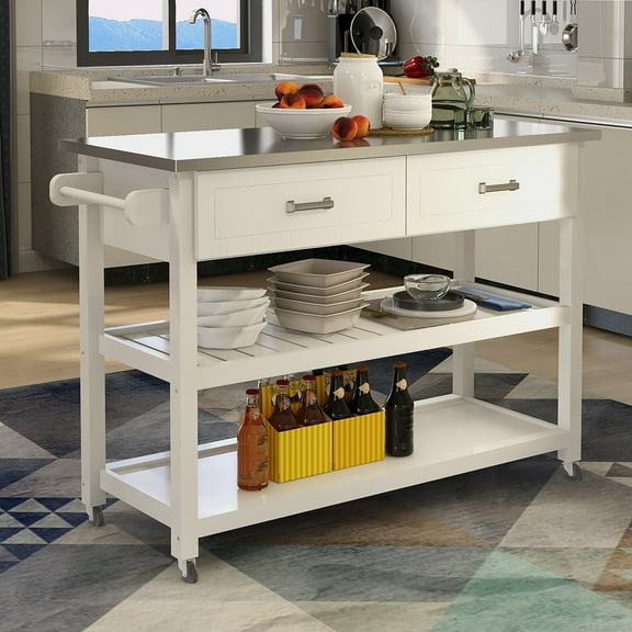 Kitchen Island Cart with Stainless Steel Table Top, Kitchen Islan on Wheels with 2 Drawer and 2 Open Shelves, 3 Tier Portable Rolling Kitchen Island with Two Lockable Wheels, Towel Rack, White