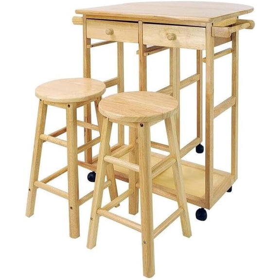 Kitchen Island Cart With Stools, Rolling Drop Leaf Dining Table, Breakfast Bar Utility Organizer Shelves, Farmhouse Style, Natural Wood Finish, Three Piece Set