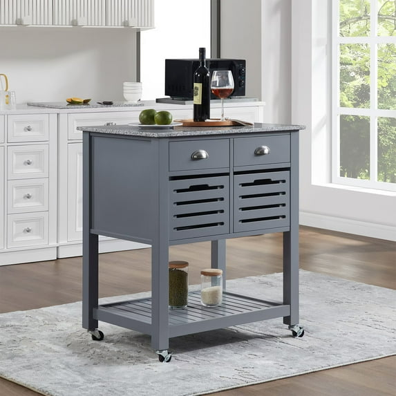 Kitchen Island Cart with Storage, 29.93'' Width Mobile Kitchen Cart with 0.59'' Thick Worktop, Two Drawers & Slide-Out Wire Storage Basket, Rolling Kitchen Table, Microwave Stand Serving Carts