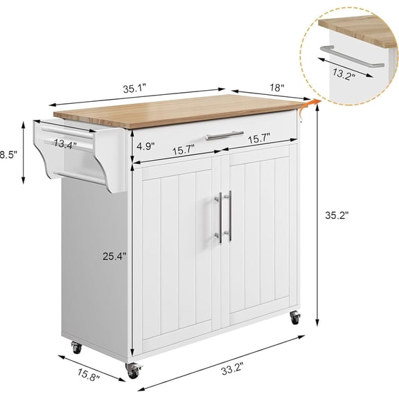 Kitchen Island Cart with Storage, 35.1" Rolling Kitchen Island On Wheels with Wood Top, Mobile Cart Cabinet with Towel Rack, Spice Rack and Drawers for Home Dining Room, White