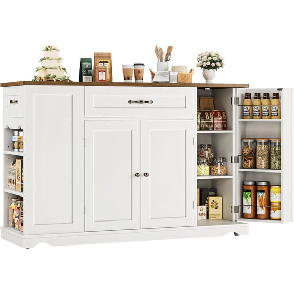 Kitchen Island Cart with Storage, 47'' Kitchen Storage Island on Wheels with 2 Drawers, Rolling Island Table with Adjustable Shelves, Mobile Buffet Sideboard Cabinet for Dining Room, White