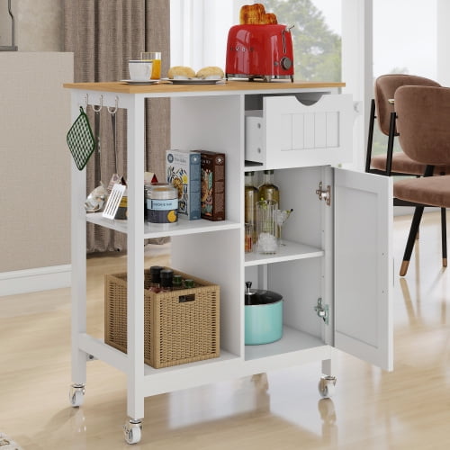 Kitchen Island Cart with Storage Cabinet and Drawer, Rolling Utility Table with Spice Rack and Towel Bar, Mobile Prep Station on Wheels for Small Kitchen, White