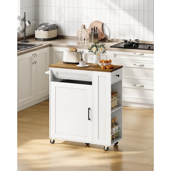 Kitchen Island Cart with Storage, Kitchen Cabinet, Mobile Kitchen Island, Storage Trolley for Kitchen with Hidden Trash Bin Cabinet, for Dining Room, White and Walnut MZD06WL