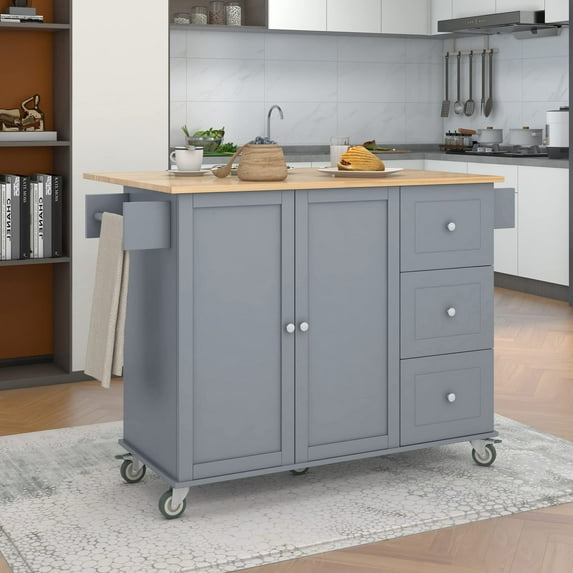 Kitchen Island Cart with Storage, Rolling Kitchen Island Table with Drop Leaf, Kitchen Island on Wheels with 3 Drawers and Storage Cabinet, Inner Adjustable Shelves, Spice Rack, Towel Rack (Grey Blue)